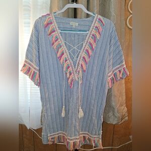 Velzera Blue Striped Tunic with Multicolor Fringe